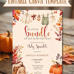 Puede incluir: Una plantilla de Canva editable para una invitación de baby shower con hojas de otoño, calabazas, una cesta y un conejo de peluche. El texto dice: A LITTLE bundle OF JOY IS ON THE WAY! PLEASE JOIN US FOR A Baby Sprinkle HONORING AMELIA ROBERTS.