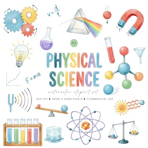 Puede incluir: Un conjunto de ilustraciones en acuarela titulado Physical Science que muestra elementos científicos como engranajes, una bombilla, un prisma con arcoíris, un imán, tubos de ensayo, un modelo molecular, un átomo y una balanza.
