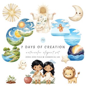 Può includere: Un set di clipart digitali ad acquerello intitolato 7 DAYS OF CREATION contenente 72 elementi tra cui una figura con le braccia tese, sole, luna, stella, leone, uccello, mela, due bambini e varie scene paesaggistiche circolari.