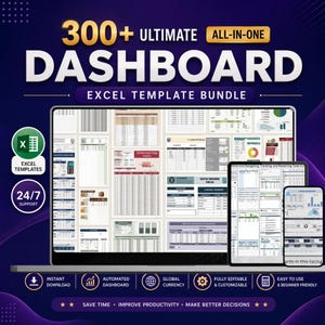 May include: A digital product display featuring a laptop, tablet, and smartphone screen showing various Excel spreadsheet templates. The text reads 300+ ULTIMATE DASHBOARD EXCEL TEMPLATE BUNDLE, along with icons for instant download, automated dashboard, and global currency.