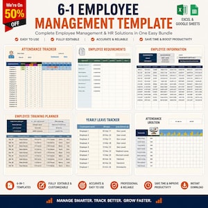 May include: A 6-in-1 employee management template for Excel and Google Sheets. The digital document features six distinct sections: attendance tracker, employee requirements, employee information, training planner, yearly leave tracker, and attendance.