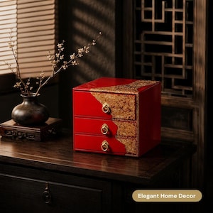 Fuzhou Lacquer 3-Drawer Storage Cabinet, Tortoise Shell Jewelry Tea Box