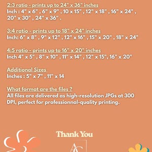 May include: A size guide chart on a terracotta background with white text detailing print ratios and dimensions in inches, including 2:3, 3:4, and 4:5 ratios. It lists specific inch measurements and notes files are high-resolution 300 DPI JPGs.