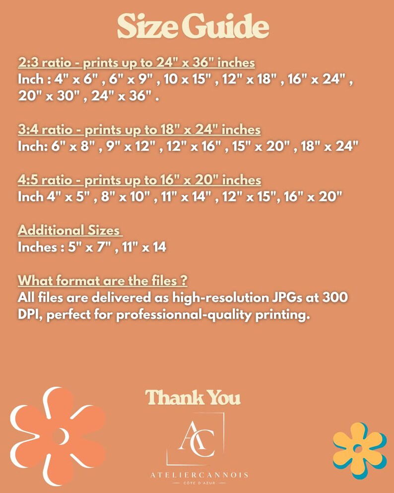 May include: A size guide chart on a terracotta background with white text detailing print ratios and dimensions in inches, including 2:3, 3:4, and 4:5 ratios. It lists specific inch measurements and notes files are high-resolution 300 DPI JPGs.