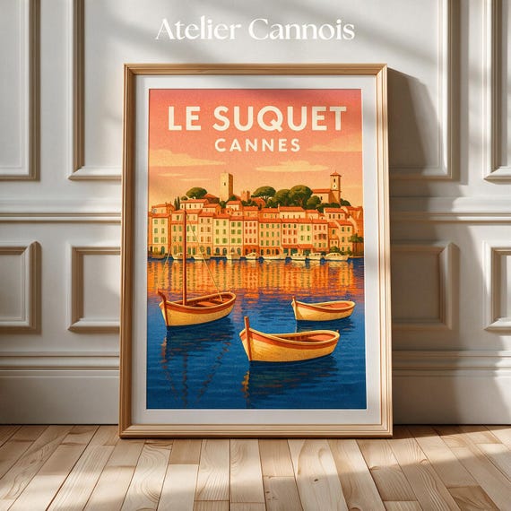 Impression Le Suquet Cannes Vintage : Affiche Rétro Coucher de Soleil Port Barques Côte d'Azur, Décoration Salon (téléchargement numérique)