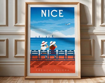 Vintage French Riviera Print: Retro Poster of Blue Chairs on the Promenade, Sailboats, Living Room Decoration (digital download)