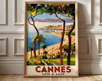 Vintage Cannes Côte d'Azur Print: Retro Beach Poster with Pine Trees and Parasols, Mediterranean, Living Room Wall Decoration (digital download)