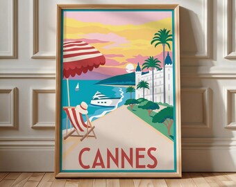 Vintage Cannes Print: Retro Sunset Poster of a Palace Yacht on the Croisette, Living Room Wall Decoration (digital download)