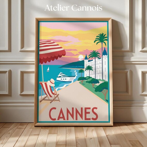 Impression Cannes Vintage : Affiche Rétro Coucher de Soleil Palace Yacht Croisette, Décoration Murale Salon (téléchargement numérique)