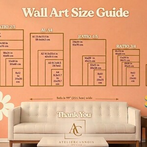 May include: A wall art size guide chart on a peach background featuring various frame ratios and dimensions in inches and centimeters. The chart includes labels for Ratio 2:3, A1-A4, Ratio 4:5, Ratio 3:4, and 11x14, with a sofa width reference of 99 inches.