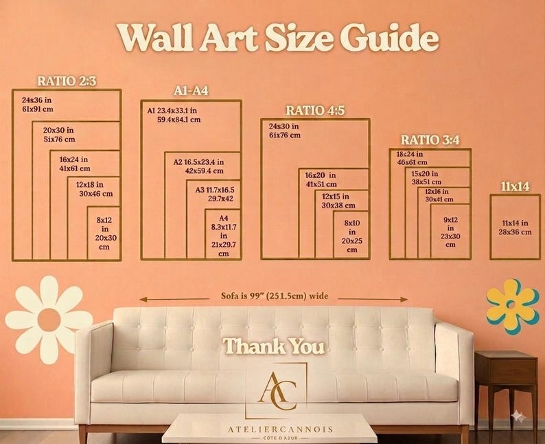 May include: A wall art size guide chart on a peach background featuring various frame ratios and dimensions in inches and centimeters. The chart includes labels for Ratio 2:3, A1-A4, Ratio 4:5, Ratio 3:4, and 11x14, with a sofa width reference of 99 inches.