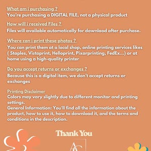 May include: An informational graphic on a solid orange background with white text titled Common Questions. It explains that the purchase is a digital file, download instructions, printing options, return policies, and a color disclaimer, ending with Thank You and the Ateliercannois logo.