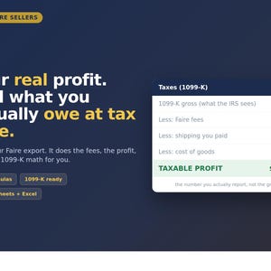 Faire Seller-kalkylblad, spårning av grossistmärkesvinst och skatt 1099-K, utbetalningsavstämning, digital nedladdning av Google Sheets Excel