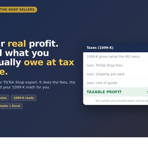 May include: A digital Seller Toolkit for TikTok Shop Profit & Tax Tracker on a dark blue background. Text includes Seller Toolkit, TikTok Shop Profit & Tax Tracker, 1099-K ready in a green pill shape, and Google Sheets + Excel instant download.