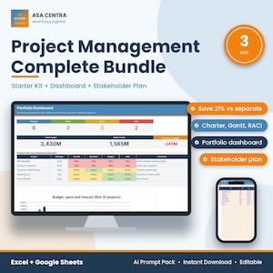 Könnte beinhalten: Ein digitales Projektmanagement-Komplettpaket von ASA Centra mit Portfolio-Dashboard auf Computerbildschirm und Smartphone. Enthält Starter-Kit, Dashboard und Stakeholder-Plan für Excel und Google Sheets.