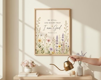 Psalm 46:10 Bible Verse Printable Wall Art, Christian Floral Digital Print
