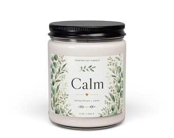 Calm Eucalyptus Sage Soy Candle | Botanical Minimalist Home Decor 9oz
