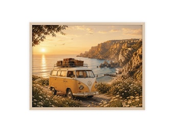 Vintage Yellow Camper Van Coastal Sunset Print | Retro Travel Landscape Poster