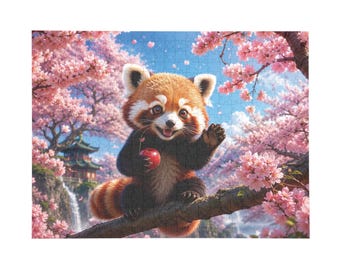 Red Panda Cherry Blossom Jigsaw Puzzle | 500, 1000 Piece Spring Animal Art