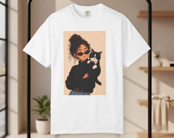 Cat Mom Graphic Tee, Girl with Cat Lover Shirt, Soft Comfortable T-Shirt