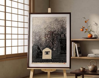 Original Japanese Textile Wall Art by Shuichi Kizaki, Kyoto Studio Hand-Painted Persimmon Tree & Vintage Village, Framed Mixed Media 48x36cm