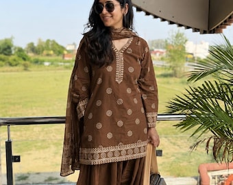 Bruine katoenen Kurta Patiala set met bloemenprint | Traditionele Indiase etnische kleding