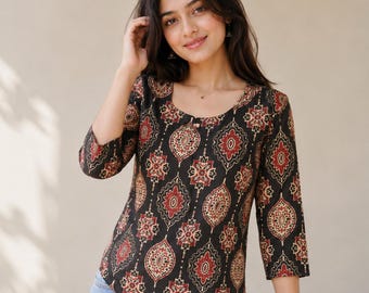 Black Cotton Kurti | Red Floral Ajrakh Style Print, 3/4 Sleeves, Handmade Indian Tunic Top