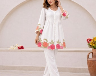 White Cotton Kurta Pant Set | Floral Embroidered Tunic, Casual Ethnic Wear
