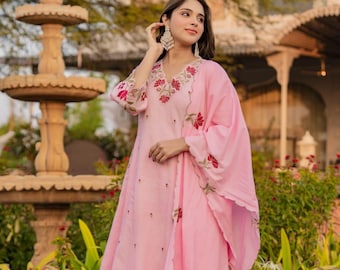 Roze geborduurde kurta-set met dupatta | Bloemenprint Indiase etnische outfit
