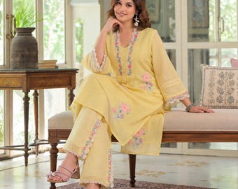 Gele Kurta Palazzo Set met Bloemenborduursel | Indiase Etnische Kleding voor Dames