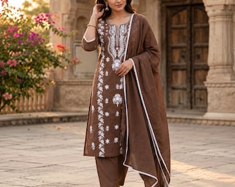 Bruine katoenen kurta-set met bloemenborduurwerk | Indiase etnische kleding (3-delig)