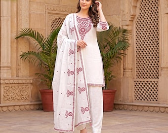 Witte katoenen kurta-set met bordeauxrode borduursels | Traditionele Indiase outfit (3-delig)