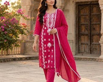 Roze katoenen kurta-broek-dupatta set | Witte bloemenborduursels, feestelijke Indiase kleding