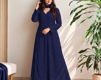 Marineblauwe Georgette Palazzo Pak Set | Geborduurde Kurta, Dupatta (Bruiloftskleding)