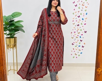 Bordeauxrode Ajrakh Kurta Pant Set | Katoenen bedrukte etnische outfit met dupatta