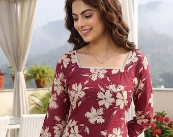 Bordeauxrode korte kurti met bloemenprint | Crèmekleurige tuniek met bloemenprint en vierkante hals