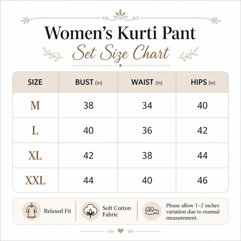 May include: A size chart for a Kurti pant set with the title Women's Kurti Pant Set Size Chart. The table lists sizes M, L, XL, and XXL with corresponding bust, waist, and hip measurements in inches. Includes icons for relaxed fit and cotton fabric.