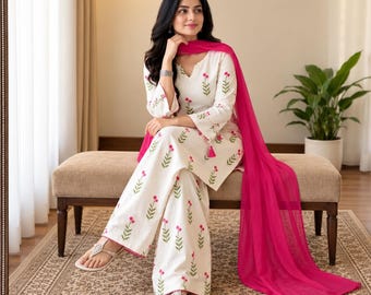 Witte Kurta Palazzo Set met Bloemenprint | Katoenen Indiase etnische outfit met roze dupatta