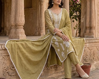 Olijfgroene geborduurde kurta-broekset | Katoenen etnisch pak met dupatta