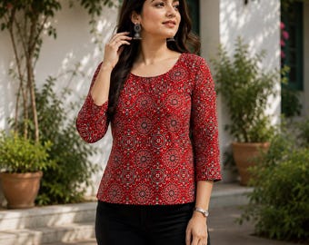 Rode katoenen tuniek | Ajrakh-print, 3/4 mouwen, boho Indiase dameskleding