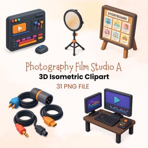 Op de afbeelding: Een verzameling van 3D isometrische digitale iconen met een videobewerkingsconsole, een ringlamp op een statief, een storyboard-display, diverse elektronische kabels met gekleurde connectoren en een computerwerkstation met monitoren.