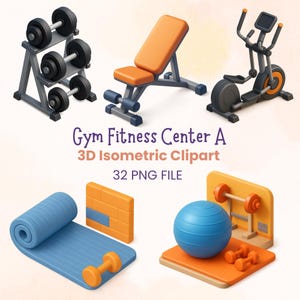 May include: A collection of 3D isometric gym fitness center clipart featuring a dumbbell rack, an orange weight bench, an elliptical machine, a blue yoga mat with a small orange dumbbell, and a blue exercise ball with small orange dumbbells.