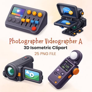 May include: A collection of 3D isometric digital icons featuring a dark grey audio mixing console with orange and blue knobs, a camera with a flip-out screen displaying chat bubbles, a handheld video camera, and a light meter with a digital display.