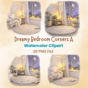 May include: A collection of four watercolor illustrations titled Dreamy Bedroom Corners A Watercolor Clipart 28 PNG File. Each scene depicts a cozy room corner with a window showing a night sky, crescent moon, stars, curtains, and indoor plants.