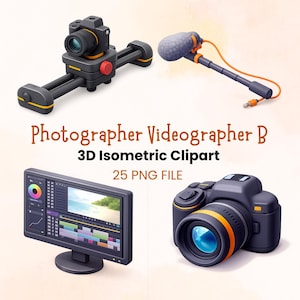 Op de afbeelding: Een verzameling van 3D isometrische digitale middelen met een cameraslider, een microfoon met een oranje kabel, een computermonitor die videobewerkingssoftware toont, en een DSLR-camera met een oranje ring, gelabeld Photographer Videographer B.