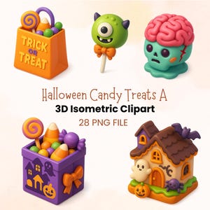 Può includere: Una collezione di clipart 3D isometriche di Halloween con un sacchetto arancione Trick or Treat, un lecca-lecca mostro verde, un teschio con cervello, una scatola regalo viola con caramelle e una casa stregata con fantasma.