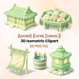 May include: A collection of 3D isometric digital illustrations featuring a pale green building, a tray of food, a hanging banner, a wooden bucket, and a lantern. The text reads Ancient Korea Joseon B 3D Isometric Clipart 28 PNG FILE.