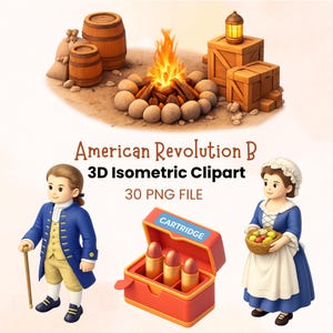 May include: 3D isometric clipart set titled American Revolution B 30 PNG File. Includes a campfire with stones, wooden barrels, crates, a lantern, a person in a blue coat with a cane, a red cartridge box with bullets, and a person in a blue dress.