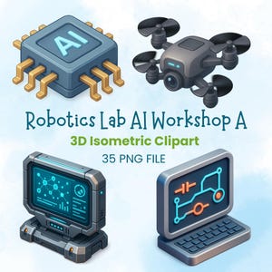 May include: A collection of 3D isometric digital graphics featuring a blue computer chip labelled AI, a dark grey drone with four propellers, a futuristic computer monitor displaying data, and a laptop showing a circuit board diagram with text.