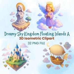 Imágenes prediseñadas de islas flotantes del Reino Celestial, PNG de fantasía isométrica en 3D (descarga digital)